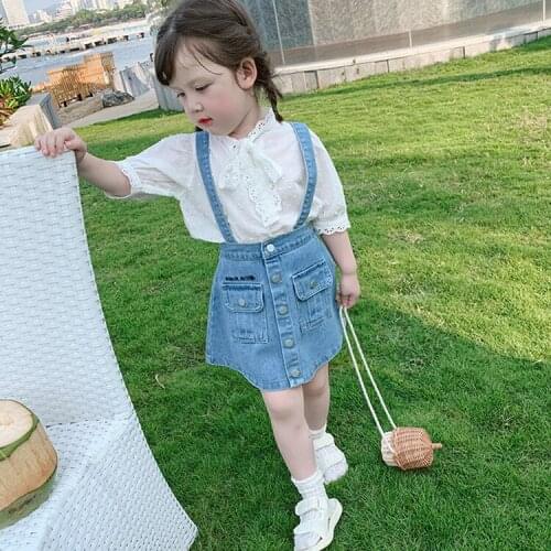 2021 Summer Fashion Girls Clothes Princess Child Lace Shirt Top Pocket Denim A-line Suspender Skirt 2PCS Toddler Kids Dress Suit