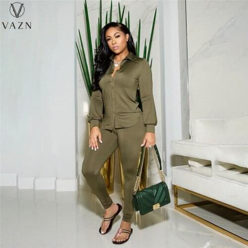 VAZN 2021 Autumn High-end Plus Size Solid Sexy Chiffon Overalls Full Sleeve Shirt Top Long Pencil Pants Slim Women 2 Piece Set
