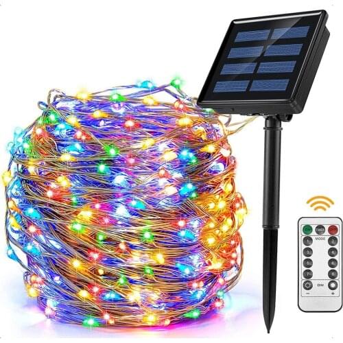 Solar Powered String Lights Waterproof 8 Modes LED Fairy Copper Wire String Lights for Patio Garden Home Halloween Christmas