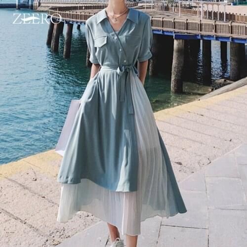 Summer Casual Single-breasted Lantern Sleeve Splicing Pleated Big Swing Dresses for Women Korean Dress Plus Size Vestidos Mujer