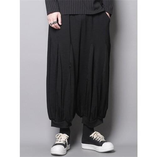 Mens new singer Japanese dark hip hop street fashion trend loose casual plum-sized pleated knickerbockers