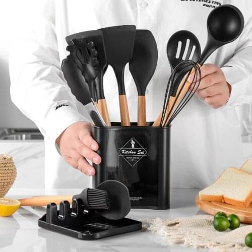Silicone Cooking Utensils Set Non-Stick Spatula Shovel Wooden Handle Cooking Tools Set With Storage Box Kitchen Tool Accessories