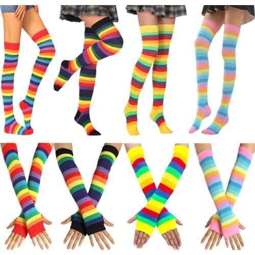 New Colorful Rainbow Stockings Cute Thigh Knee Socks Dance Socks Striped Arm Warmer Gloves Christmas Gifts Women Cosplay Costume