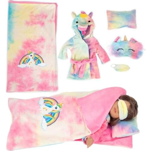 D&B Cute Unicorn Doll Clothes Pajamas Sleeping Bags Pillows Eye Masks 7-Sets For 18 Inch 43cm New Baby Dolls Garment