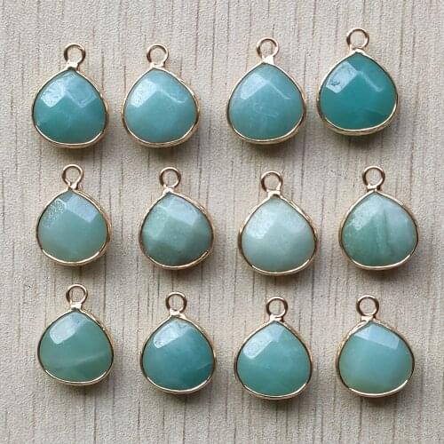 Wholesale 12pcs/lot Natural amazonite stone section water drop shape gold color Connector pendants 13mm for jewelry making free