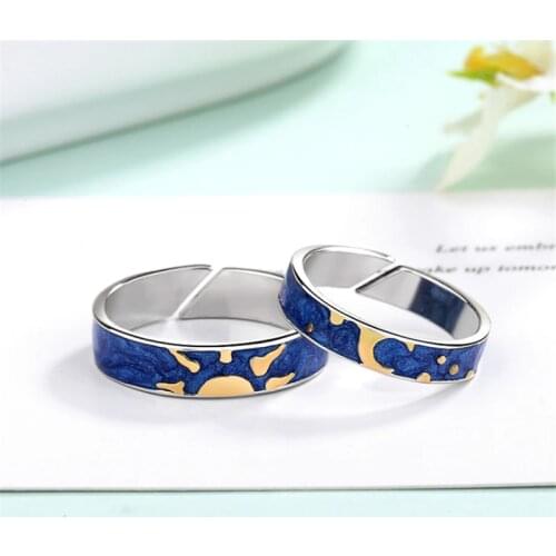 Fashion Van Gogh Moon Star Paired Couple Rings Tibetan Sliver Blue Promise Love Adjustable Paired Rings For Couple Women Unix
