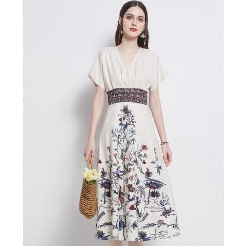 Women Summer V-Neck Short sleeve Dress Elegant Fashion A -Line Long Party Dress Femme Vintage Print French Dresses Vestidos