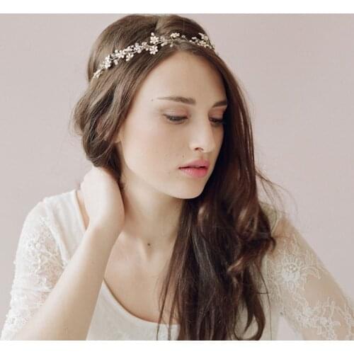 Delicate Flowers Bridal Headbands Head Chain For Wedding Pearls Crystal Brides Hair Sash Gold accessoires mariage SQ0190