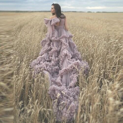 Fluffy Tulle Maternity Dresses With Long Train V Neck Bow Shoulder Extra Puffy Tulle Maternity Robes For Photography Plus Size