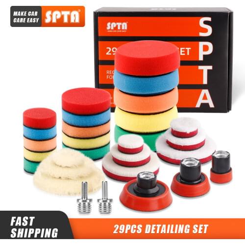 SPTA 29Pcs Imported Polishing Pad Kit with M14 Thread Back Plate&Adapter Fine Wool Pad Waxing Sponge Car Polish Buffing Pad Kit