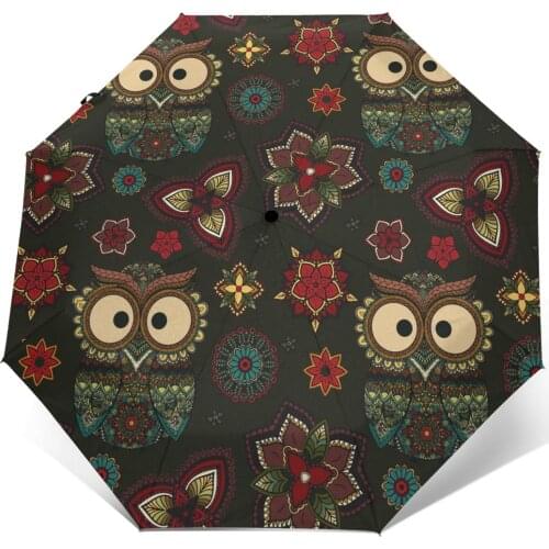 Wind Resistant Fully-Automatic Umbrella Tribal Owl Bird Rain 3 Folding Parasol Travel Car Umbrella