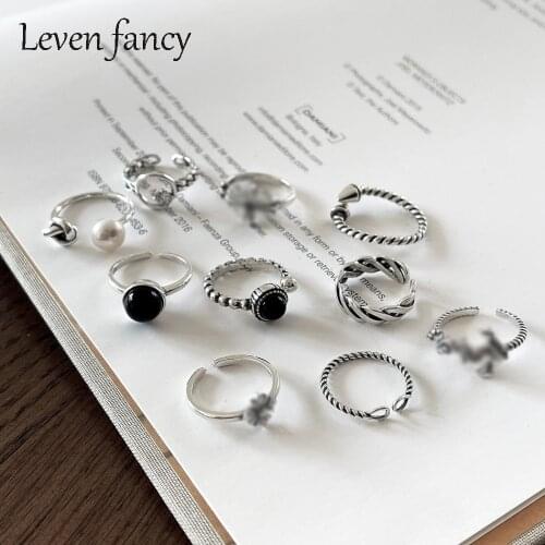 Vintage Black Stone Knuckle Ring Set Vintage Carving Boho Rings Oxidized 925 Sterling Silver Christian Religious Cross Ring