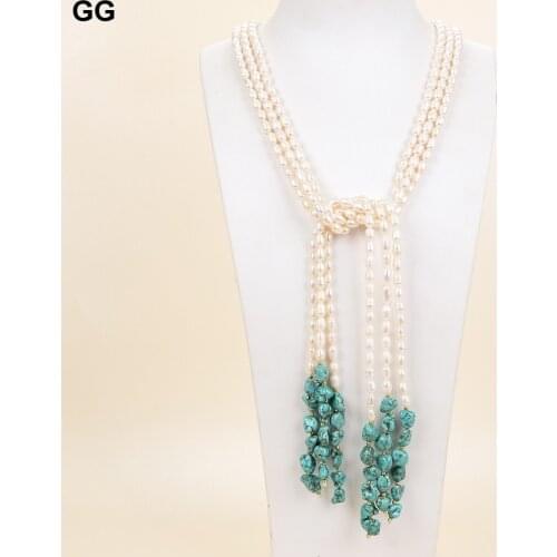 GuaiGuai Jewelry Natural Pearl 3 Strands 44" Freshwater white sridce Pearl Blue Turquoise Lariat Necklace