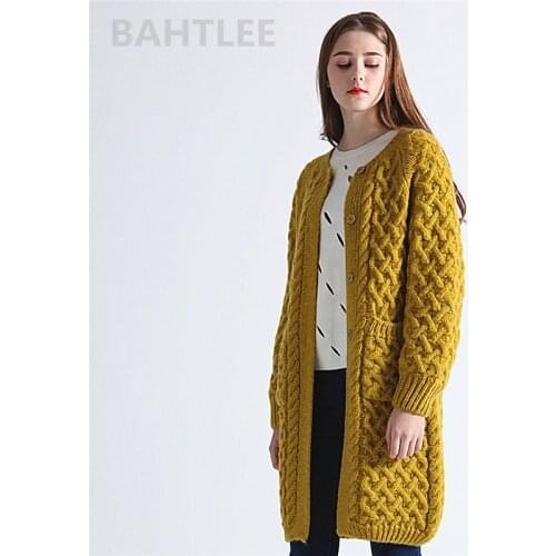 BAHTLEE Winter Long Sleeve Warm Mohair Cardigan Knitting Wool Jacquard Weave Sweater Women O-Neck Jumper Pocket Mustard Yellow