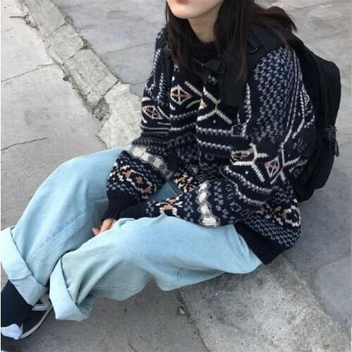 Knitted Sweater Women Jacquard Pullover Ladies Casual Knitwear Autumn Winter Retro Jumper Loose Korean Woman Top Sueter Mujer