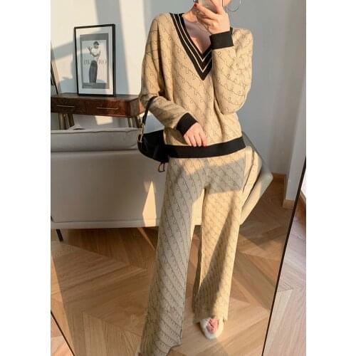 "women Rushed V-neck Full Pattern 's Knitted Suit Double - Sided Jacquard Sweater And Wide Legs Pants 2 Piece Set 2020 New Wool
