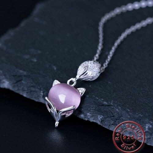 Amxiu Luxury Opal 925 Silver Necklace Pink Fox Pendant Necklace Jewelry For Women Girls Wedding Valentines Day Gift Accessories