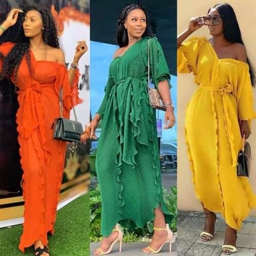 MCK Africa Women Dress Chiffon Solid Ruffle Pleated Loose Maxi Long Sleeve Maxi Casual V Neck Red Fashion Styles Lady Dress