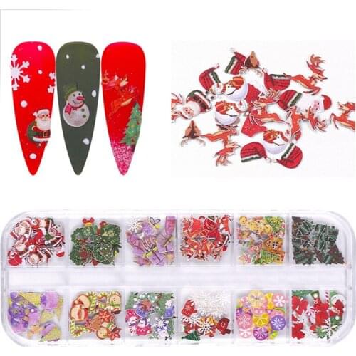 12 Cells/set Butterfly Colored Roses Flowers Santa Christmas Hat Christmas Halloween Nail Wood Pulp Chips 3D Nail Art Sequins