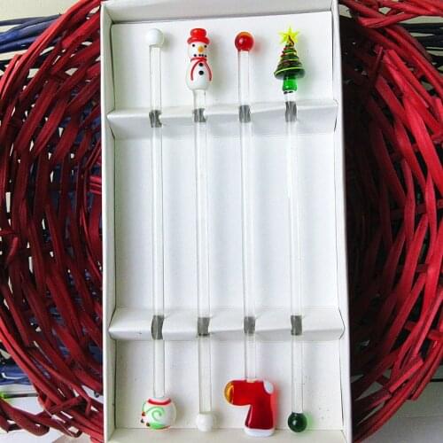 4pcs Hand made Christmas ornaments arts Murano glass cocktail swizzle stick cute Drink glass Stirring Mixing sticks