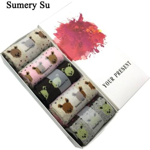 5 Pairs/Lot Wool Socks Women Warm Winter Cute Bear Design Knit Cashmere Breathable Socks Gift for Lover Wife Mother