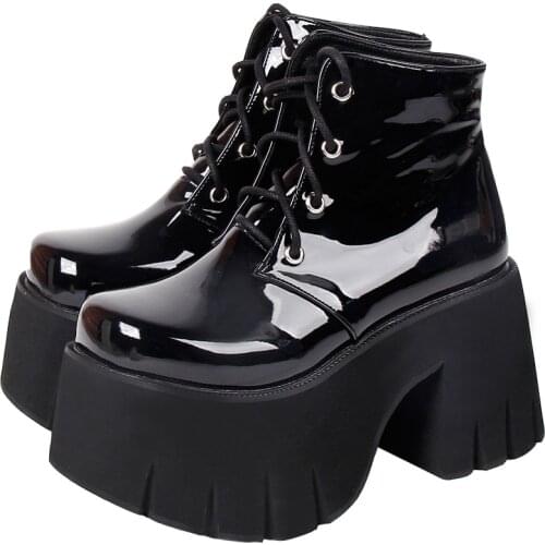 Angelic imprint Women Gothic motorcycle punk boots lady short Boots woman high trifle heels pumps shoes 33-47 10cm lace up PL