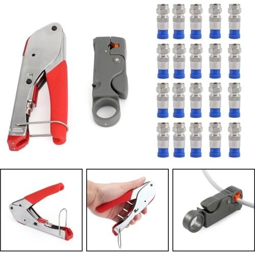 Areyourshop 20PCS RG6 Crimp Connectors + F-Type Compression Stripper Tool Coaxial Crimper