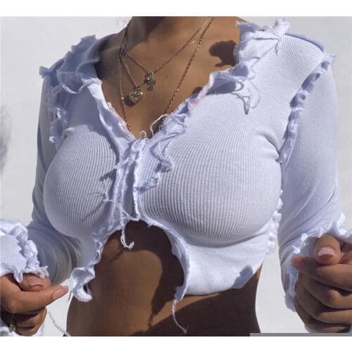 White Women Ribbed Y2K Tops Long Sleeve Striped Patchwork Crop Top Skinny V-Neck Split Streetwear Outfits Fashion Casual tops