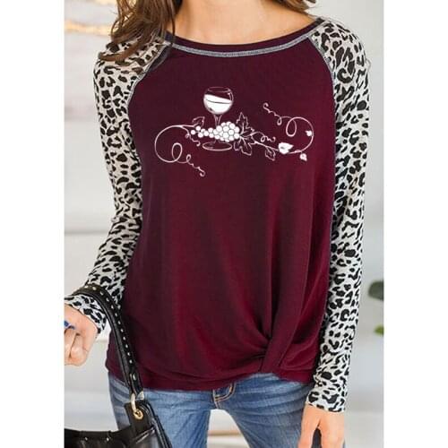 Glass Of Wine Vine Grape Shirt female T Shirts Women Casual Autumn Leopard Long Sleeve round neck girl Tops Tee