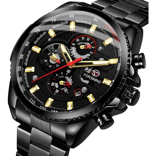 Forsining Mens Watches Six Needles Automatic Mechanical Skeleton Men Wristwatch Luxury Blue Business Steel Sports Male Watch