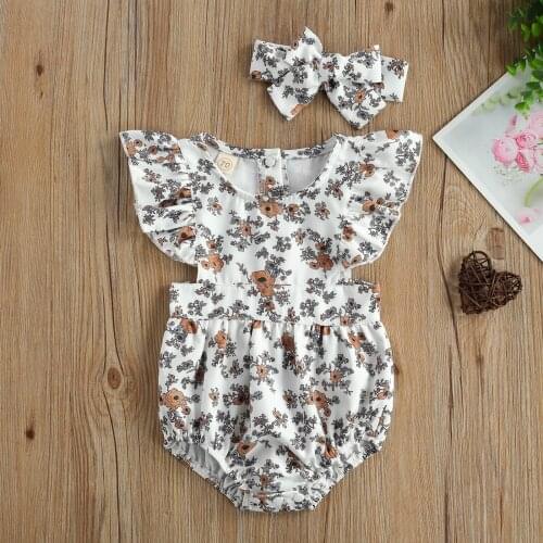 Newborn Baby Girls Floral Jumpsuit Outfits Fly Sleeve Ruflles Romper + Bowknot Headband 2Pcs Summer Spring Outwear Palysuits Set