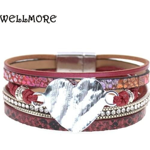 WELLMORE Leather Bracelets for Women magnet heart Bracelets & Bangles Elegant Multilayer Wide Wrap Bracelet fashion Jewelry