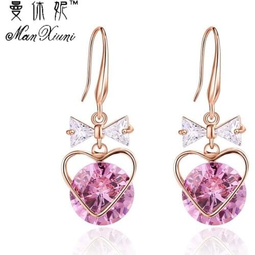 Manxiuni Fashion Gold Colored Cubic zirconia Dangle Earrings Bow Drop Lovely Heart Pendientes Bowknot Earring For Women Jewelry