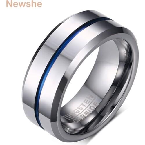 Newshe Mens Wedding Band Tungsten Rings Groove Ring Carbide Blue Line 8mm Size 7-13 Fashionable Jewelry