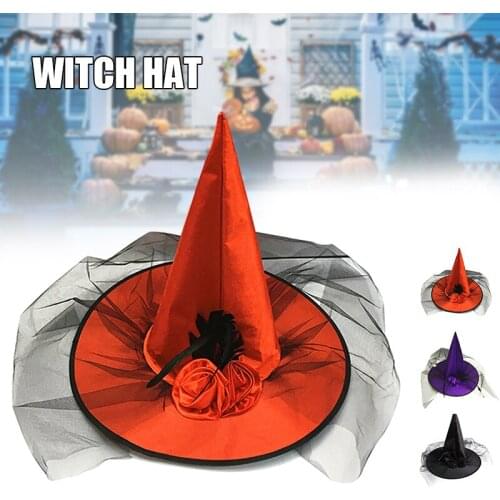 Newly Witch Hat with Lace Mesh Rose and Feather Creative Halloween Costume Props for Festival Party Masquerade
