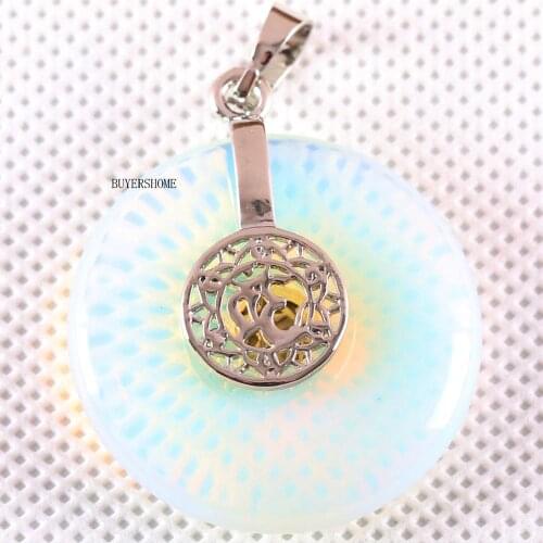 Silver Color Women Necklace Pendant Natural Gem Stone 30MM Round Bead White Opal 1Pcs K738