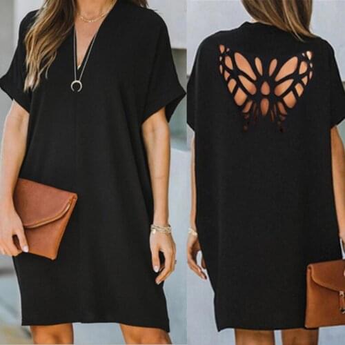 Women Sexy Butterfly Pattern Hollow Out Dress Elegant V Neck Short Sleeve Party Dress Fashion Summer Backless Loose Beach Dress