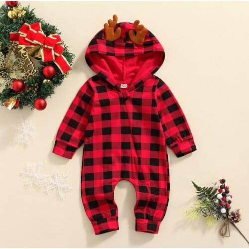 FOCUSNORM Christmas Baby Girls Boys Autumn Rompers 0-24M Plaid Printed Deer Ear Hooded Long Sleeve Zipper Jumpsuits
