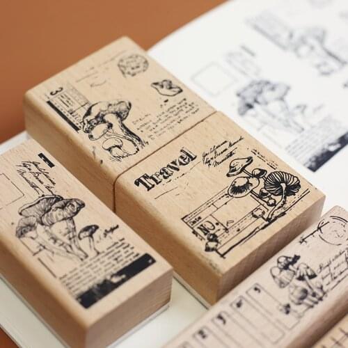 WYSE DIY Wooden Stamps Mushroom Travel Wood Stamp Diary Scrapbooking Rubber Stamps Set for Picture Making Cards Crafts Tool