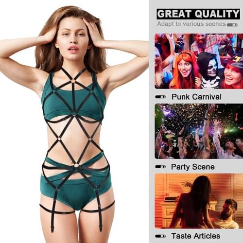 Women BDSM Apparel Goth Sexy Full Body Bondage Cage Harness Garter Belt Set Restraints Chest Cross Suspenders Fetish Dance Dress