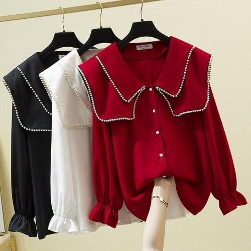 Black White Pearl Long Sleeved Plus Size Korean Autumn Elegant Fashion Blouses And Tops WomenS Oversize Shirt Clothing 2021