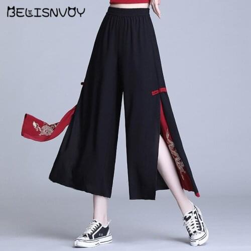 Chinese Style Womens Pants 2021 New Summer Chiffon Hippie Ethnic Loose Black Embroidery Wide Leg Pants Kimonos Trousers