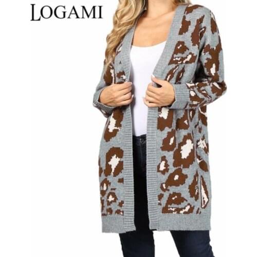 LOGAMI Leopard Knitted Womens Cardigan Long V Neck Loose Vintage Sweater for Women Cardigan Autumn Winter Coat