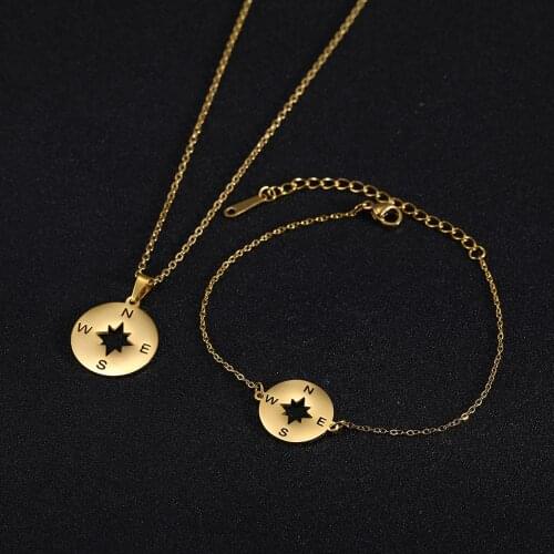 My Shape Compass Jewelry Set Women Bracelet and Gold Color Necklace Stainless Steel Bangle Silvery Choker Pendant Jewelry Gift