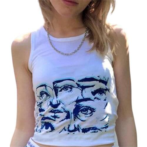 Y2K Women Round Collar Vest Eyes Printed Pattern Sleeveless Crop Tops 90s Girls Retro Tanks Summer Casual Tops