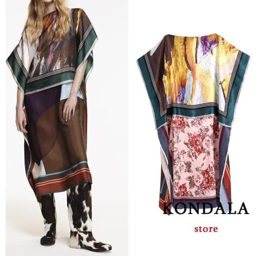 KONDALA Za 2021 Women Vintage Graffiti Flower Print Long Dress Satin Patchwork Batwing Sleeve Loose Fashion Autumn Elegant Dress