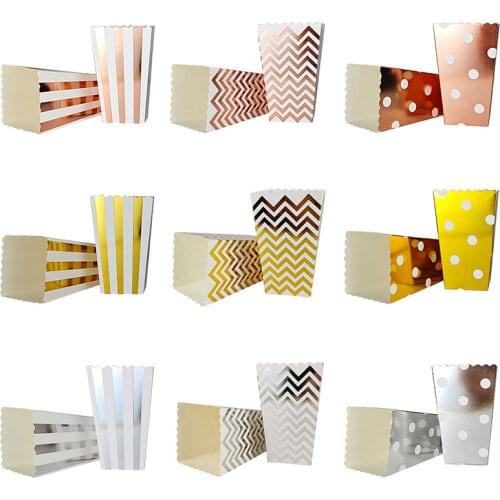 6pcs Paper Popcorn Boxes Gold Silver Dot Wave Striped Pop Corn Candy/ Snack Packaging Box Wedding Kid Birthday Party Decorations
