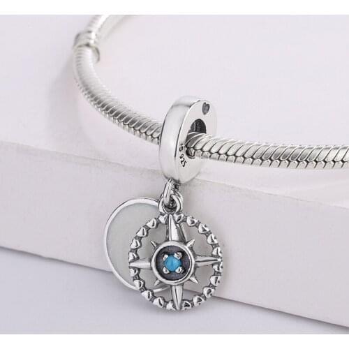 925 Sterling Silver Compass Rose Dangle Charm Silver Enamel & Cyan Blue Crystal Pendant Charms Bracelets DIY Jewelry For Pandora