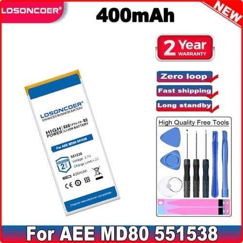 LOSONCOER 400mAh 551538 Battery For AEE MD80 MP3 551538 headset Batteries