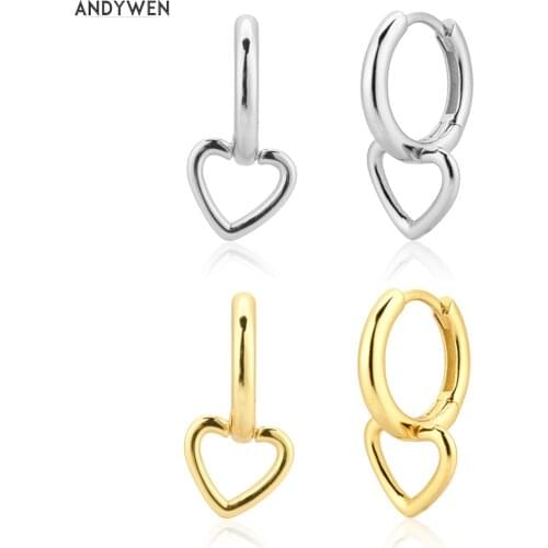 ANDYWEN 925 Sterling Silver Plain Heart Hoops Piercing Pendiente Clips Circle Rock Punk Jewelry 2021 Party Jewels Earring
